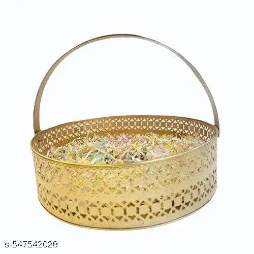 Am Overseas Round Metal Basket for Pooja, Fruits Basket, Hamper Basket, Wedding Packing Tray for Decor, Serving Basket, Dry Fruit Basket | Decorative Golden Basket with Twisted Handle, Perfect for Home & Office Decor, Diwali Festivities, Festive Gifts, Ta