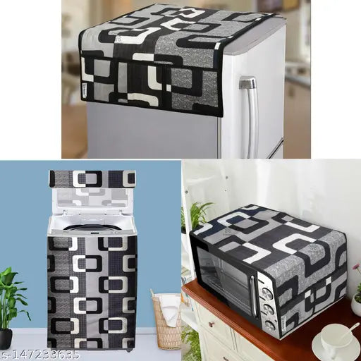 E-Retailer® Exclusive 3-Layered Polyester Combo Set of Appliances Cover (1 Pc. of Fridge Top Cover,  1 Pc. of Microwave Oven Top Cover and 1 Pc. Top Load Washing Machine Cover) (Color-Black, Design-Geometric, Set Contains-3 Pcs.)
