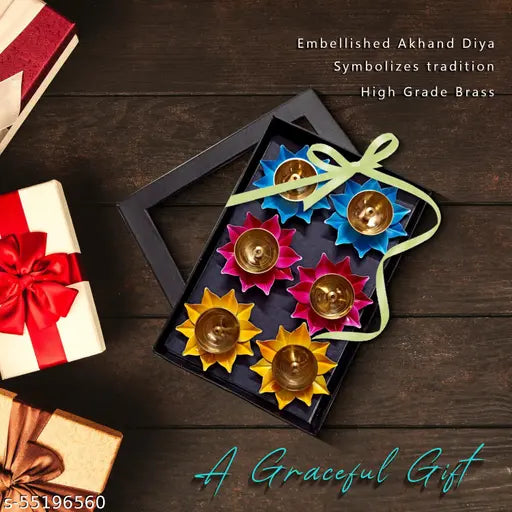 Lamina- Set of 6Pcs. Brass Lotus Diya (Oil Lamp) (Yellow, Pink, Blue Color| 3inches Diameter) for Gifting, Self-use, Home Decoration, Daily/Festive Worship- Diwali, Holi, Navratri, Karvachauth, Ganesh Chaturthi, Onam, Pongal, Sankranti, New Year, Wedding