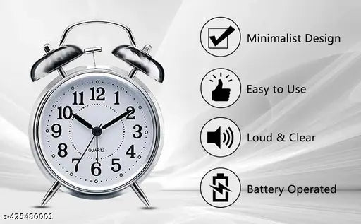 Table Clock Retro Twin Bell Metal Frame Alarm Clock With Night Backlight Function & Silent Motion, High Volume Bedside Luminous Alarm For Bedroom/Office (Silver Vintage) - Analog, 4.5 X 1.5 Inch