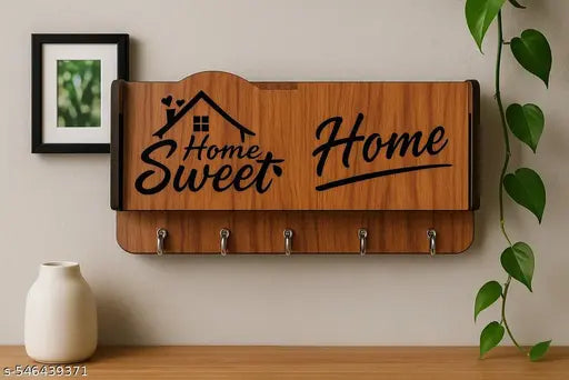 KusumCrafts Beautiful Wooden Key Holder For Wall Home Decor, Mobile Phone Stand With Two Compartments and Side Shelf Wood Key Holder( Pack of 1 )