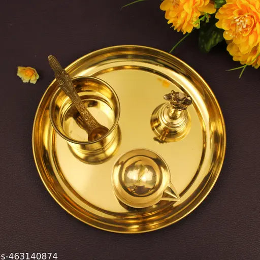 Putrika Brass Puja | Pooja Thali | Arati | Arathi | Arthi | Arti | Arathi | Bartan Thambulam Plate - Plain thali(Diya,Bell,Panchapathiram