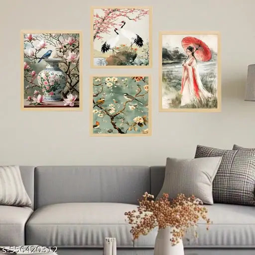 Premium Nature Japanese Style Pictures with Frame set for Wall decoration- Paintings for Home office decor (10x13 inch, small)