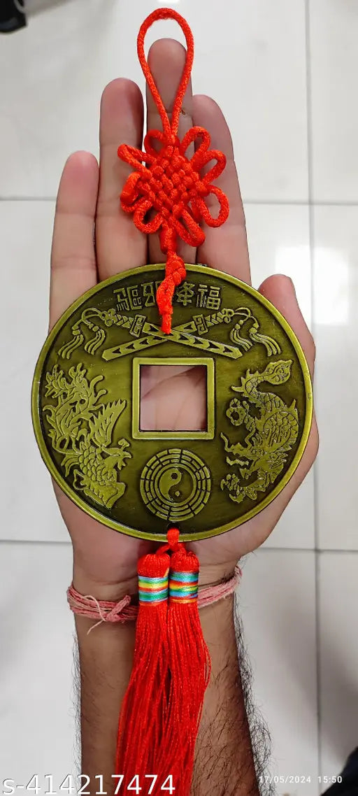 PAYSTORE  Vastu Fengshui Big Lucky Coins Wall Hanging for Luck, Car Decoration Rear View Mirror Hanging Accessories Feng Shui Coins