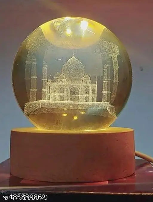 3D Taj Mahal Crystal Ball USB Night Light, 6 CM Glass Ball Night Lamp with Woodern Base, Decorations Gifts for Men & Women Meditation or Relaxation #HR ENTERPRISES