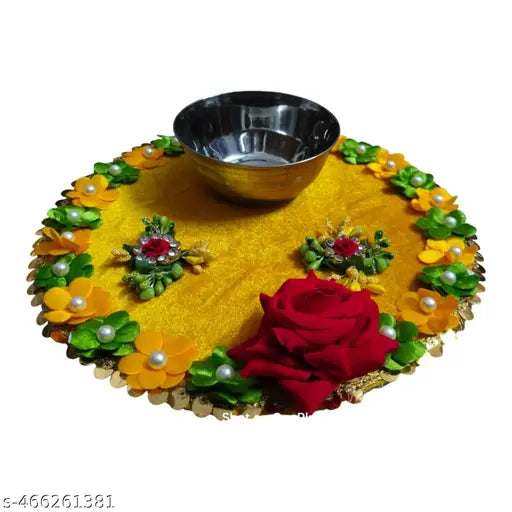 Handmade Decorative Wooden Wedding Tray with Artificial Flowers For Haldi Mehndi