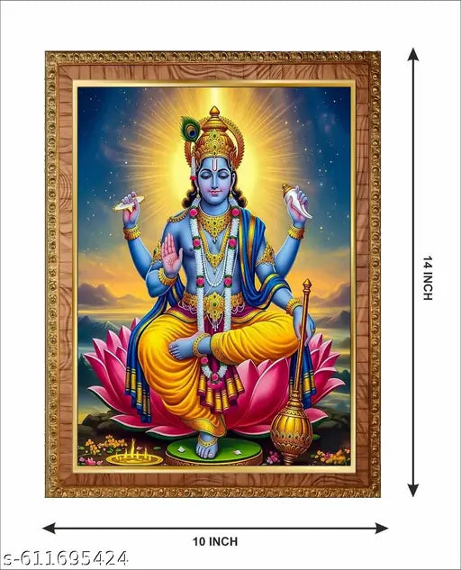 Lord Vishnu Sitting on Lotus  Wall Hanging | Vishnu Ji Lotus  photo Framed Painting | Wooden Home Decor  Frame (Gold, 10 x 14 Inch, Small Size)