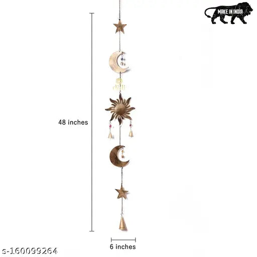 DULI Metal Windchime Wall Hanging, Feng Shui, Wall Art, Wall Decor, PositiveVibes, Rustic Wall Hangings, Wall Art, Festive Decor, Festive Decoration, Gift (Sun Moon Star Latkan Wall decor Hanging 48inch
