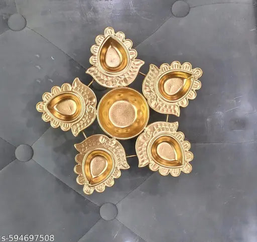 Traditional Brass Diya Set for Pooja | Decorative Golden Oil Lamp for Temple, Home Décor & Festivals (5 + 1 Holder)