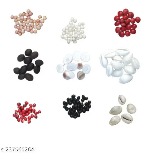 Puja items Pooja Rituals with Sacred Gunja, Lotus Seeds, Gomati Chakra, and Cowdi - Pack of 27 Pcs (3 of Each)