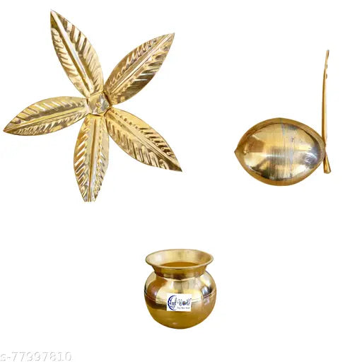 Craft World Mangal Kalash with Brass Nariyal and Leafs,Small Size Brass Kalash (Height: 4.5 inch, Gold)