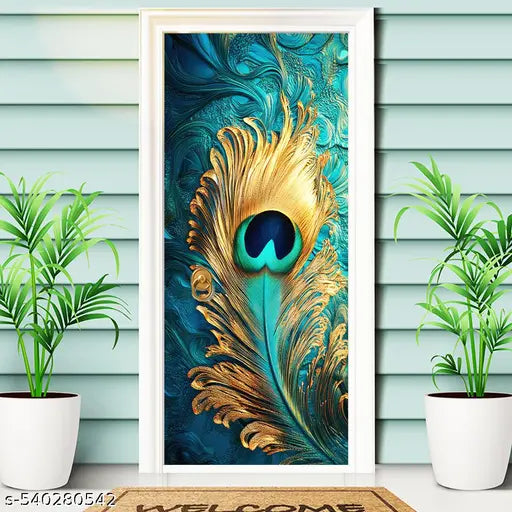 Door Interior Sticker | Fresh water drops on peacock feather of Home Door Decor Wallpaper of Positive Vibes for Wall, Refrigerator, almirah, Table, Kitchen (Self Adhesive Vinyl, Waterproof (30x78 inch)