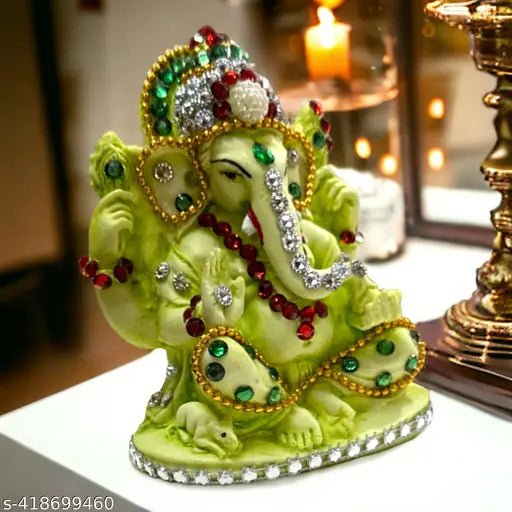 DEVINE Lord Ganesha Idol God with Jewellery, Ganpati/Ganesh JI Handicraft Statue Spiritual Puja Vastu Pooja Gift Item- 4 INCHES (Light Green)