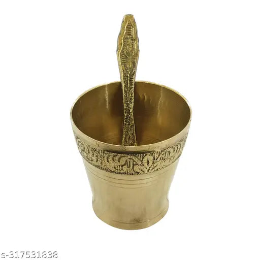 Puri Crafts Brass Pancha patra set,naksha glass with Plane  Flower Deising spoon use by pooja propose.
