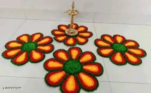 Readymade Floral Rangoli Mat with Decorative Diya Holders  for festivals  Red and Yellow colour