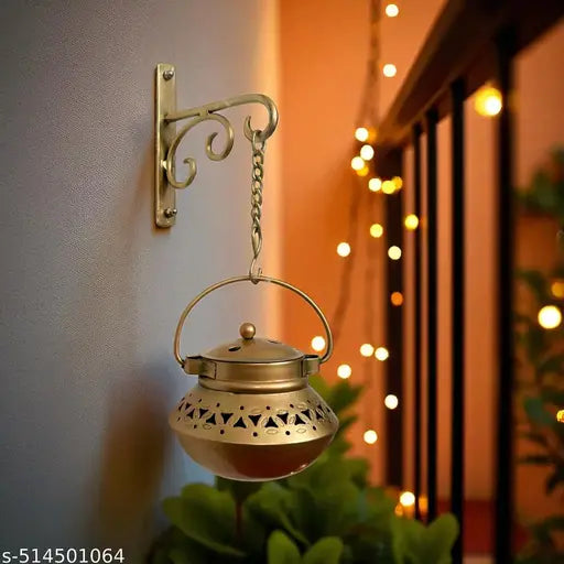 Handcrafted Hanging T-Light Holder/ Dhoop Dani with Wall Bracket | Vintage Dhoop Degchi and Lantern | Metal Wall Mount | 4.5 Inch