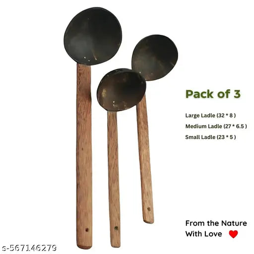 Natural Eco Friendly Coconut Shell Ladle Set (Pack of 3) | Chiratta Thavi | Kerala Handcrafted Kitchen Utensils | Ideal for Non Stick Cookware