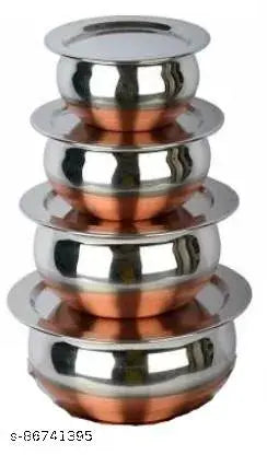 LIMETRO STEEL 4 Pieces Stainless Steel Copper Base Cooking & Serving Biryani /Punjabi / Pot / Handi with Lid (Capacity: 0.55 L, 0.75 L, 1.25 L, 1.5 L)