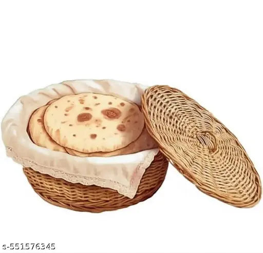 "Natural Wicker Roti Basket 10 Inch with Lid - Traditional Indian Chapati Warmer, Handwoven Bread Serving Bowl, Eco-friendly Kitchenware"