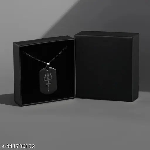 Lord Shiva Trishul Micro-Carved Pendant Necklace | Black Stainless Steel Trident Locket with Om Symbol | Unisex Spiritual Jewelry