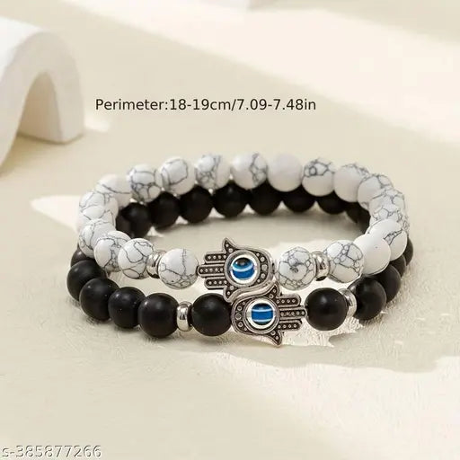 Thrillz Couple Bracelets Black & White Onyx Evil Eye Stretchable Wrist Band Bracelet For Women Men Boys Girls Love Gifts Friendship Promise Bracelets