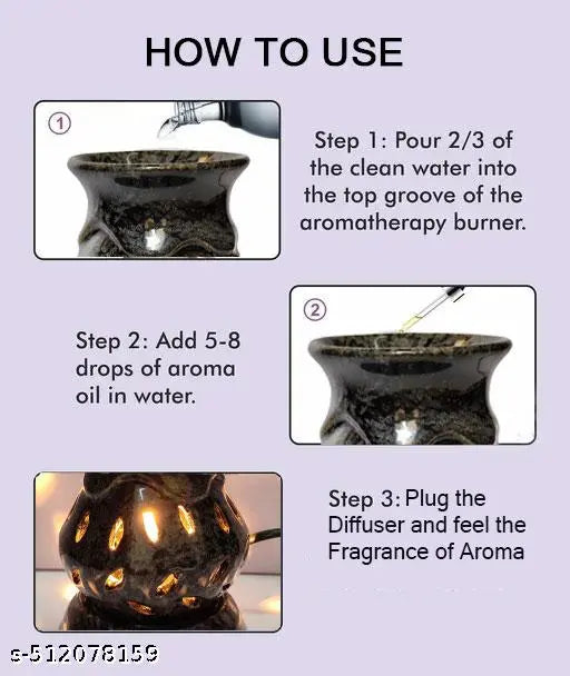 Luxantra Handcrafted Ceramic Aroma Diffuser Electric Oil Burner | Night Lamp Light | Aroma Oil Diffuser for Home office spa with Aroma Oils, Black Color (Mogra and Lemongrass Fragrance of 10ml Each) 9x9x11cm