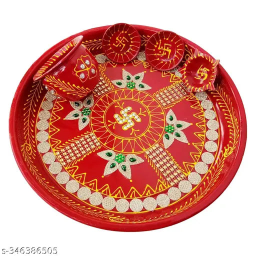 Handcrafted Decorative Puja Thali Set with Lota, Diya and Bowl (Red Colour)