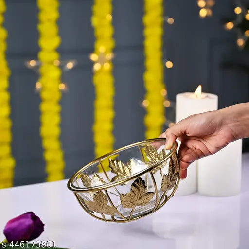 Decorative Glass Bowl with Stand for Home Décor | Bowl for Floating Flowers and Tea Light Candles | Decorative Bowl for Home, Office |Glossy Finish | Iron + Glass Material (Set of 1)