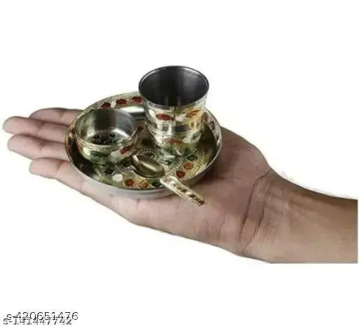DVM Laddu Gopal ji ke Bartan/Pooja thali Small 4 pcs set Multicolor Bhog Thali with Glass, Bowl and Spoon Stainless Steel