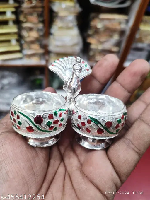 German silver Meenakari Peacock Haldi kumkum holder poja Room