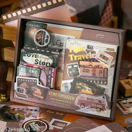 346pcs | Vintage Aesthetic Scrapbook Kit | Supplies Kit with A6 Grid Notebook, Washi Tape, Stickers, Scrapbook Paper, Envelopes, Journaling Cards, and Decorative Stamps (Time Traveler Theme)