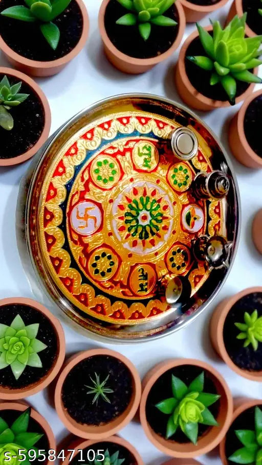 Decorative Pooja thali/Ornate Embellished Pooja Plate/Traditional aarti thali/Decorated Pooja Tray/Indian Pooja thali with diyas/Puja thali Set with Incense Holder (10 inch)