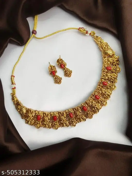 Gold Plated Coral Temple Necklace Set