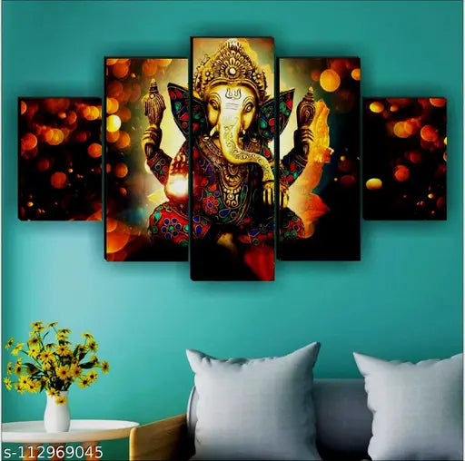 Set Of 5 Lord Ganesha Wall Painting For Living Room /Modern art self adeshive Home decorative gift item , office , hotel MDF framed painting 17 x 30 inch