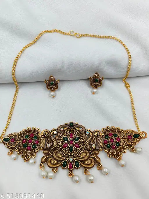 Latest Stylish Design Fancy Pearl Choker Traditional Temple Necklace Jewellery Set for Women