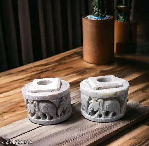 Artisan Made Marble Agarbatti Stand & Tealight Holder - Floral & Elephant Design