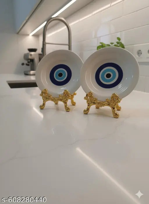 Ceramic Evil Eye Decorative Plate Set with Golden Stand – Blue Nazar Wall & Table Decor, Protective Home Ornament, Good Luck Gift, Modern Kitchen & Living Room Decoration Plates