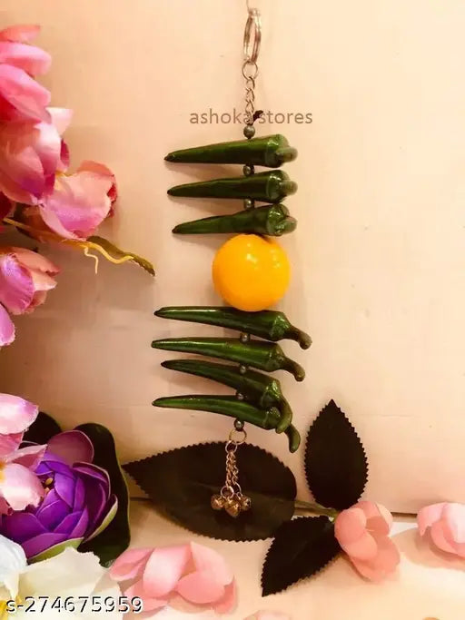 Red & Yellow Nimbu Mirch Wall Hanging Nimbu Mirchi Door Hanging - Remove Negativity Decorative Showpiece - 22.5 cm  (Metal, Yellow) Vastu / Feng Shui