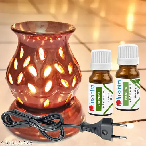 Luxantra Handcrafted Scented Ceramic Aroma Diffusers Electric Oil Burner | Night Lamp Light | Air Freshener | Aroma Oil Diffuser for Home office spa with Aroma Oils (Jasmine and Mogra Fragrance of 10ml each) 9x9x11cm
