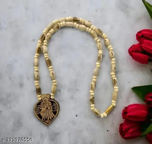 Wooden Radha krishna locket with Wood Kanthi Mala tulsi beads (Wood mala)