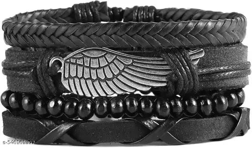 Leather Bracelet Set, 4pcs Black Genuine Braided Leather Bracelets, Tribal Woven Ethnic Wrap Infinity Bracelet for Men & Boys