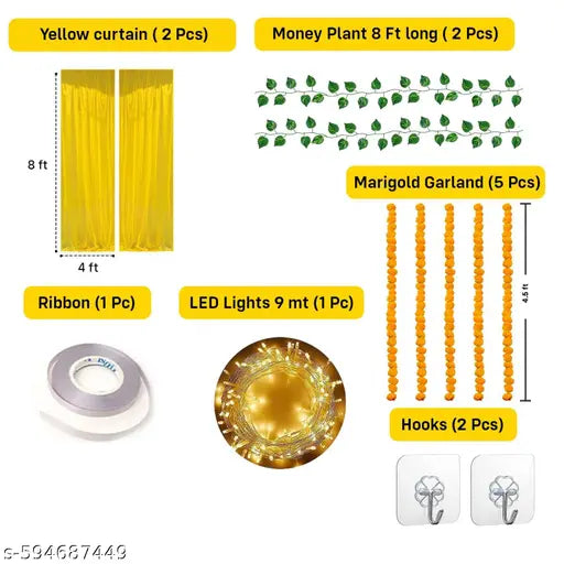 durga pooja Yellow Backdrop Decorations - 13 pcs Navratri Decoration Items, Diwali Decoration for Home, Haldi Decorations Items for Home, Backdrop Cloth(Net Curtain)