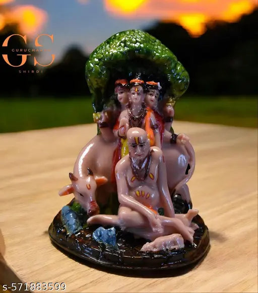Premium Quality Divine Marble Dattatreya with Shri Swami Samartha Maharaj Idol – Cow & Nature Base Design