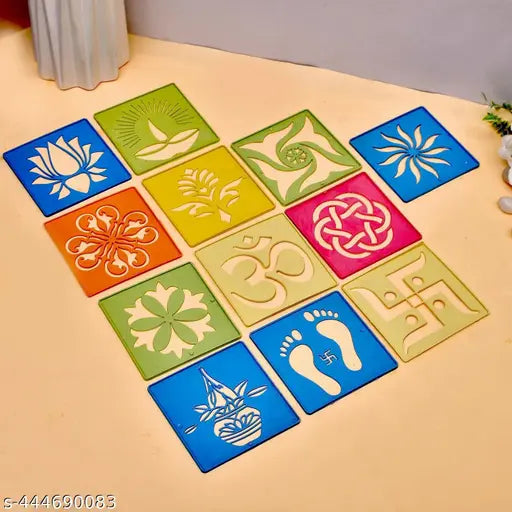 12 Different Design Draw Rangoli Making Kit Rangoli Stamp Om Swastik Flower design Colourful Rangoli Making Stencils