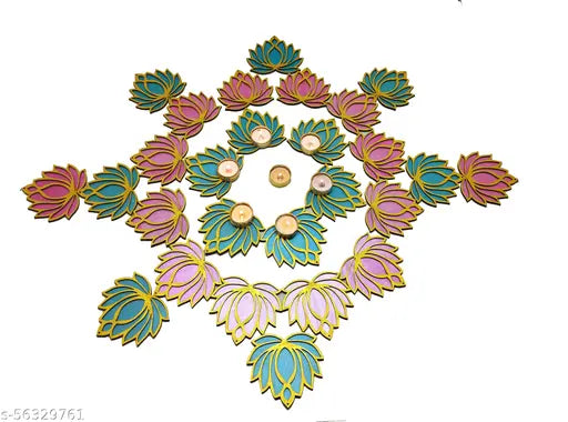 Set of 12 Golden Lotus Wooden Cutout | Rose Pink (6) Ocean Blue (6) | Lotus DIY Rangoli Kit | Decoration for Diwali, Dashera | For Rangoli, Pooja, Decorations, Festival Gift, Wedding Decorations