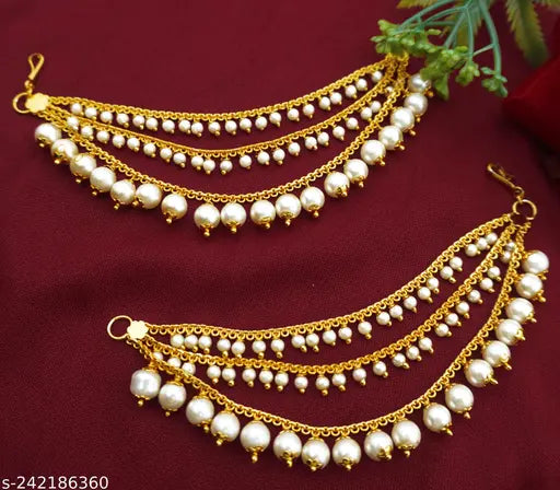 1 one gram gold Polish 22k Plated Temple Multicolor Jewellery Bahubali Brass Copper Earrings Chain White pearl Studded Kan chain south indian Champaswaralu Matilu Earrings For Women wedding bridal Set kaan Hair Accessory Alloy Jhumki Earring Chain Clip on