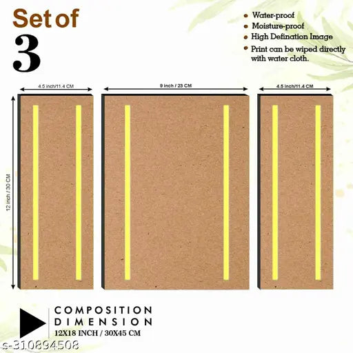 Set of 3 flower Pots  Religious Modern art self adeshive Home decorative gift item wall painting for living room , office , hotel MDF framed painting 12 inch X 18 inch(pack of 3 )