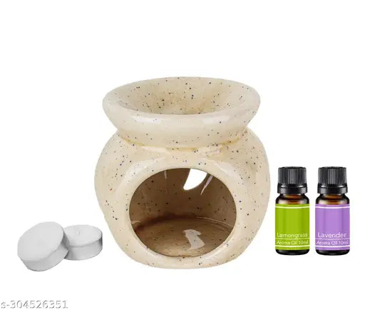 Asian Aura Aroma Oil Burner Candle Diffuser for Home Fragrance, with 2 T-Light & 2 10 ml Aroma Oil -Fragrance Lemon Grass & Lavender (Brown Diffuser Pot)