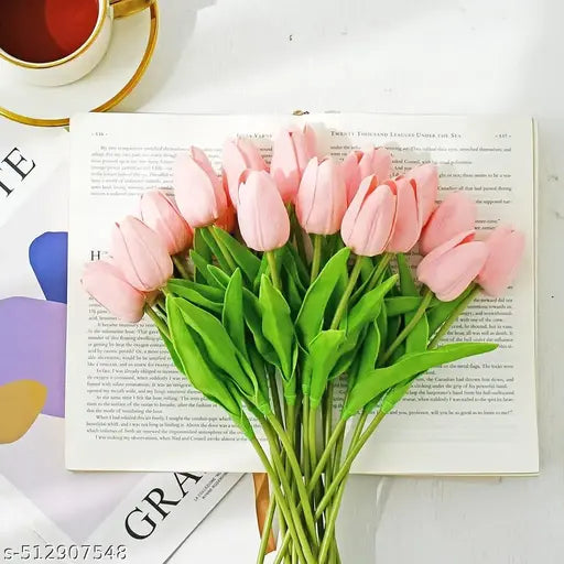 Mudmingle ( Pack Of 6 ) Artificial Light Pink Tulip Flowers | Real Touch Faux Tulip Bouquet for Home Décor, Weddings & Gifts | High-Quality Silk Tulips for Vase Arrangements