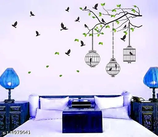 decorative tree cages birds wall sticker